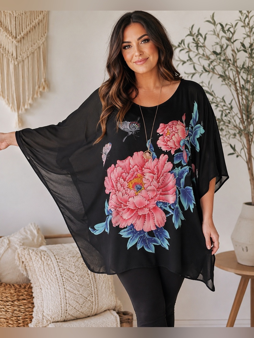 La Donna Floral Butterfly Batwing Chiffon Tunic Top XL 1X Black Boho